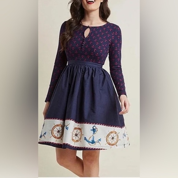 ModCloth anchors away twofer dress nautical sailor print retro dress size small - Picture 1 of 16